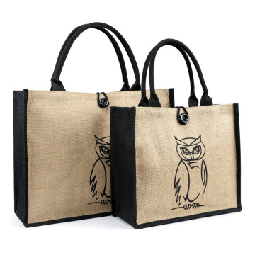 High-Quality Custom Animal Owl Silkscreen Embroidery Printing Eco-Friendly Jute Grocery Shopping Bags Recycled Burlap Tote Bag for Beach